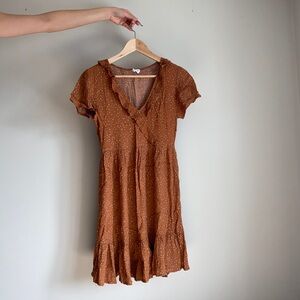 Orange/brown white polka dot summer dress, S